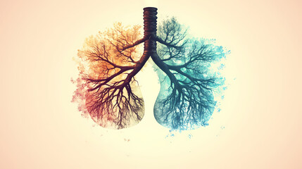 A creative representation of lungs, merging nature with design, showcasing trees and roots on a minimalist background. Rooted Consciousness. Illustration