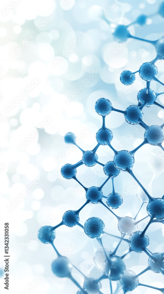 Aufkleber complex molecule structure forming with blue and white spheres connected by sticks on blurred backgr