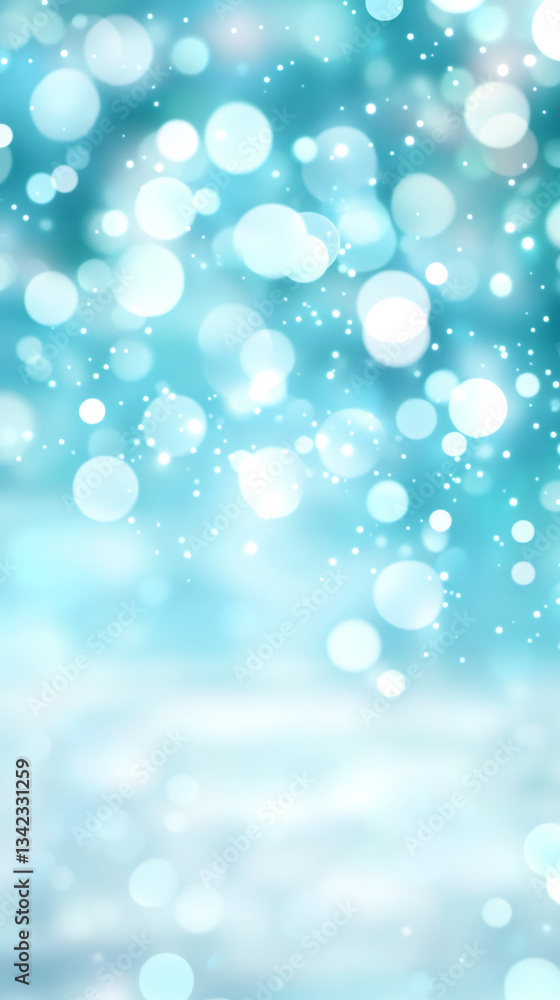 Poster Blurred turquoise backdrop featuring glowing bokeh lights and sparkling elements conveying festive holiday celebration mood