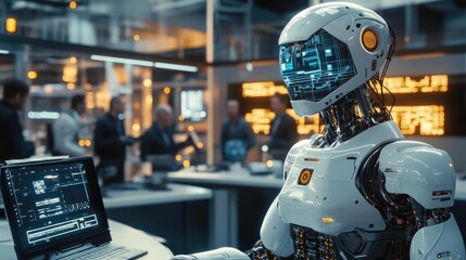 Fototapeta premium Advanced Humanoid Robot Using Laptop in Futuristic Office Setting
