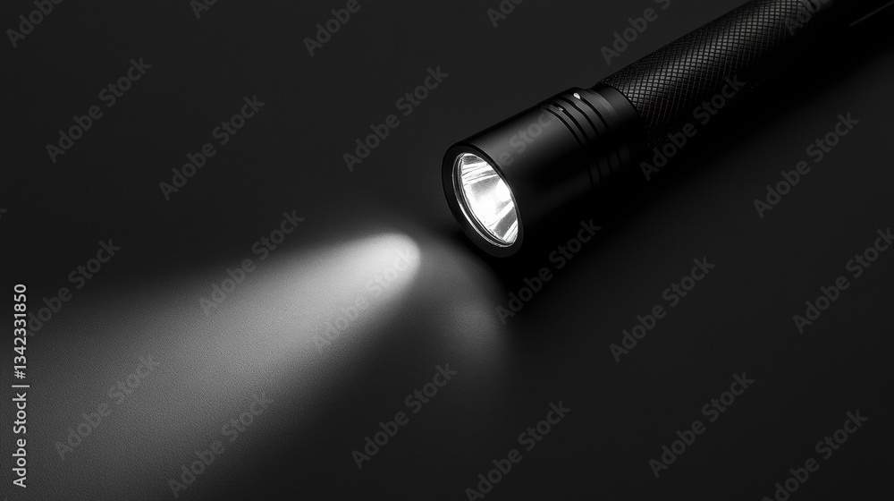 Poster sleek black flashlight casting beam of light on dark surface with sharp focus and minimalist design 