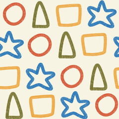 Seamless pattern with hand drawn fun geometric shapes in pastel colors