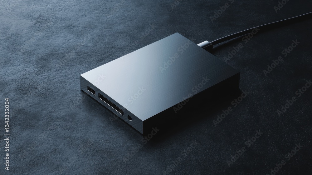 Poster sleek and modern external storage device with usb connection on dark textured surface for tech innov
