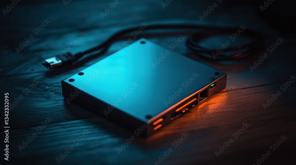 Poster modern external hard drive on wooden surface with usb cable and ambient light creating a technologic
