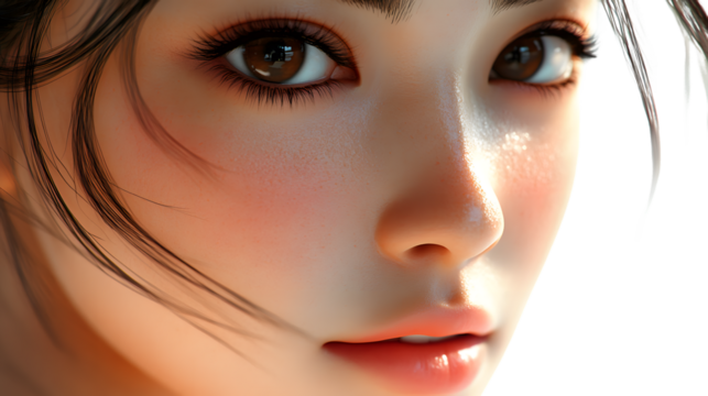 Closeup portrait of a young womans face detailed skin texture brown eyes soft lighting