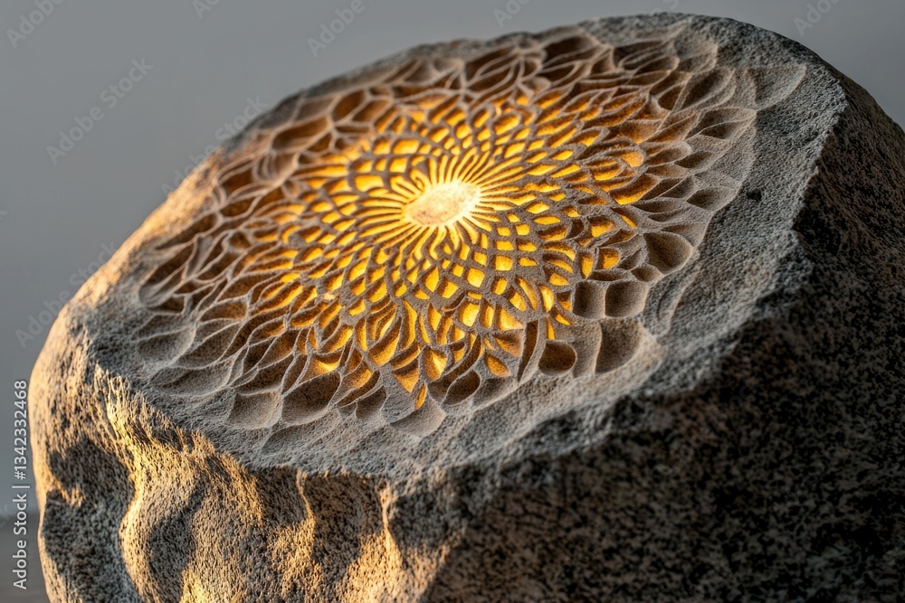 Poster intricate stone carving illuminated from within, creating a mesmerizing mandala-like pattern.
