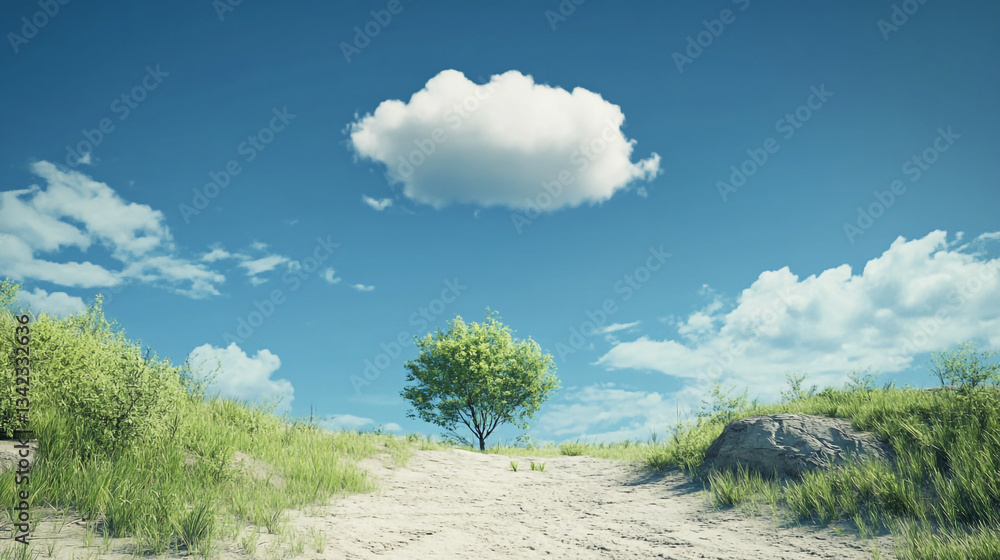 Poster a single tree on a sandy path with a large cloud in the blue sky and green grass on either side of p