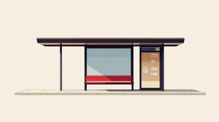 Contemporary Minimalist Bus Stop Shelter with Red Bench and Clear Glass Panel Set Against a Neutral Background for Urban Landscape Photography