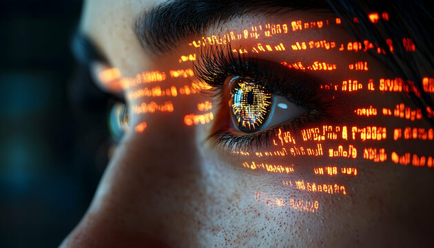 Close-up of a person's eyes with glowing, digital text