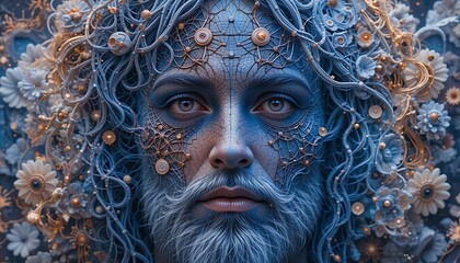 Intricate Face Art with Decorative Elements in Blues and Golds