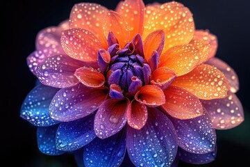 Fototapeta premium Close-up of a vibrant dahlia flower with dew drops, showcasing a gradient of orange, pink, purple, and blue petals against a dark background