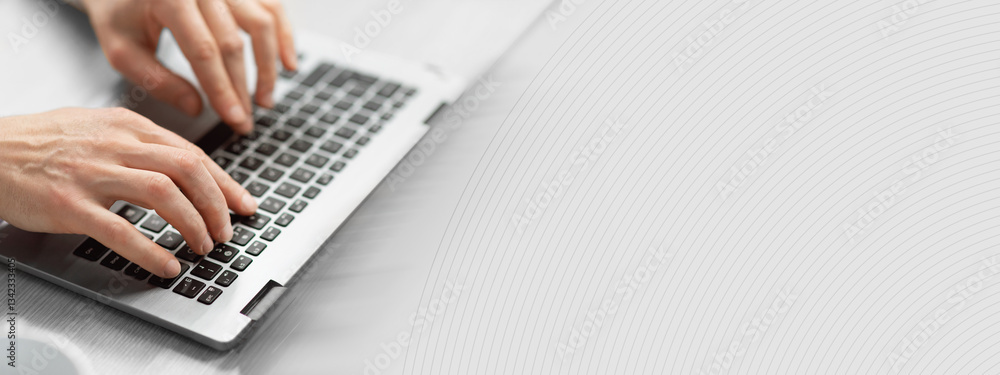 Poster Close up selective focus on man hands typing on pc keyboard, cropped, side view. Middle aged businessman checking and sending emails to clients or assistant. Modern technologies and business concept