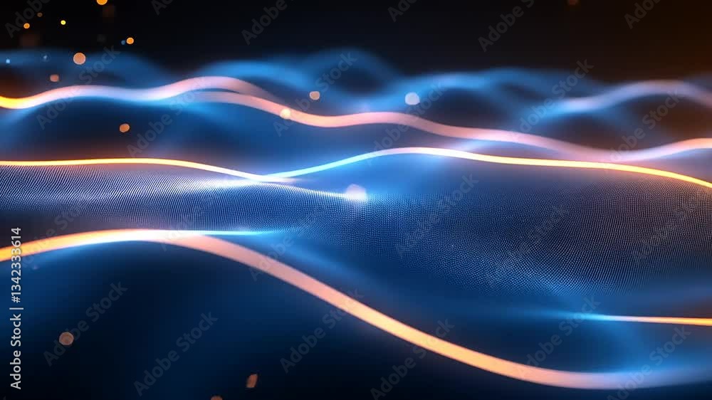 Poster abstract waves of blue and orange light flowing smoothly in a dark background with glowing particles