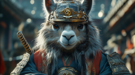 Llama warrior dressed in traditional armor stands proudly in an ancient village setting