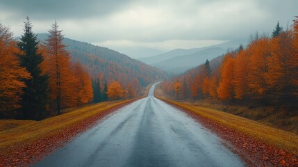 Rainy Autumn Road Winding Through Mountains