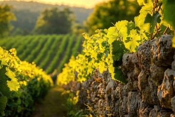 Vineyard at sunset, rows of grapevines growing along a stone wall, bathed in golden light.