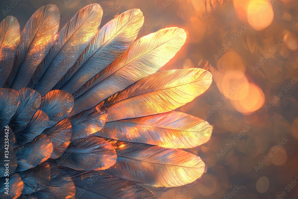 Poster golden feathers illuminated by sunset, creating a mesmerizing and ethereal display of nature's artis