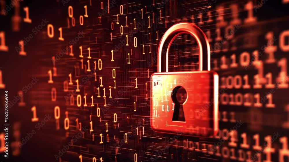 Poster digital security concept with a red padlock against a binary code background