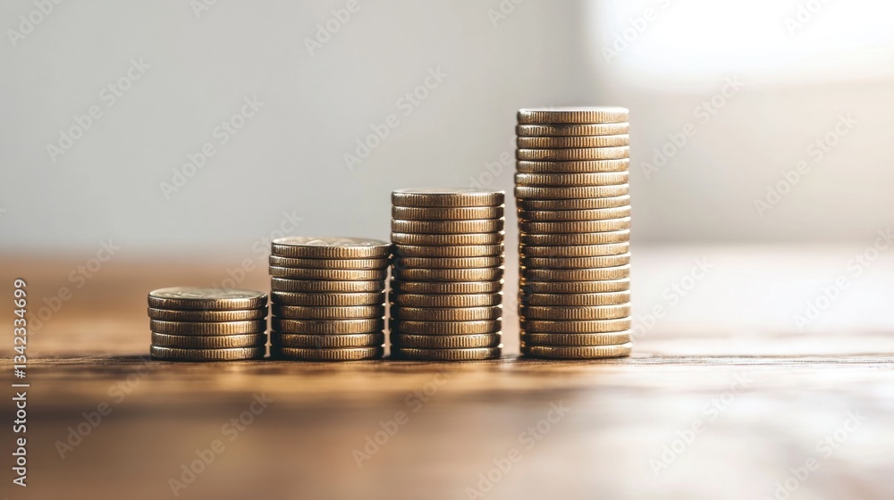 Poster stacks of coins gradually increasing in height on a wooden surface with soft natural light highlight