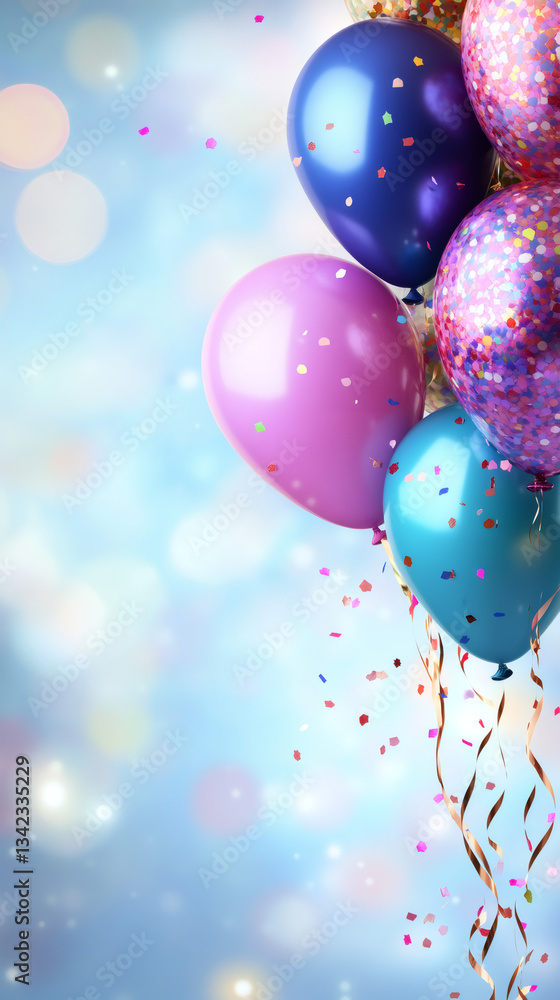 Poster bunch of colorful balloons floating with colorful confetti on a light blue bokeh background, celebra