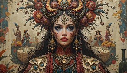 Portrait of Woman with Headdress and Ornate Clothing Fantasy Setting