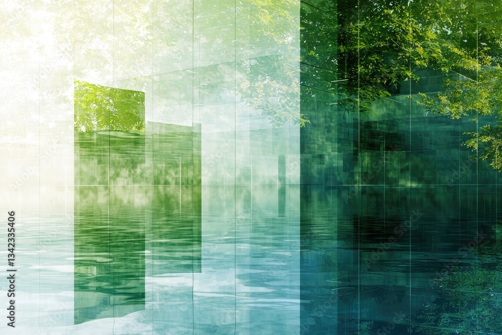 Poster abstract image depicting a modern glass building reflecting lush green trees, creating a serene and 