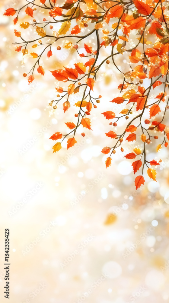 Aufkleber Branches with colorful autumn leaves falling create a vibrant and warm scene against a soft bokeh background