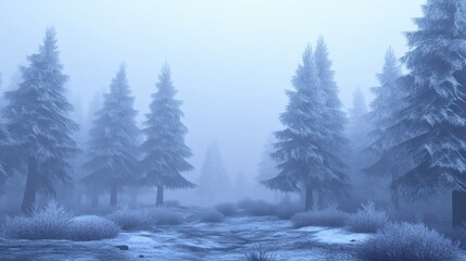 Fototapeta premium A misty winter forest scene shows snowy frosted trees and bushes
