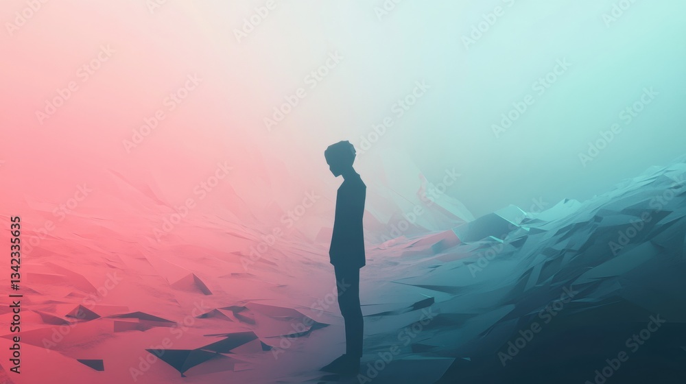 Poster surreal silhouette of a person standing alone against an abstract landscape with gradient colors of 