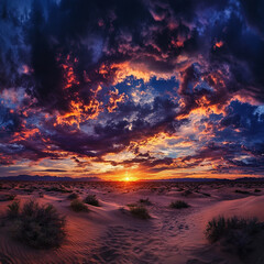 Obraz premium A dramatic sunset over desert dunes with vibrant clouds and horizon mountain silhouette landscape