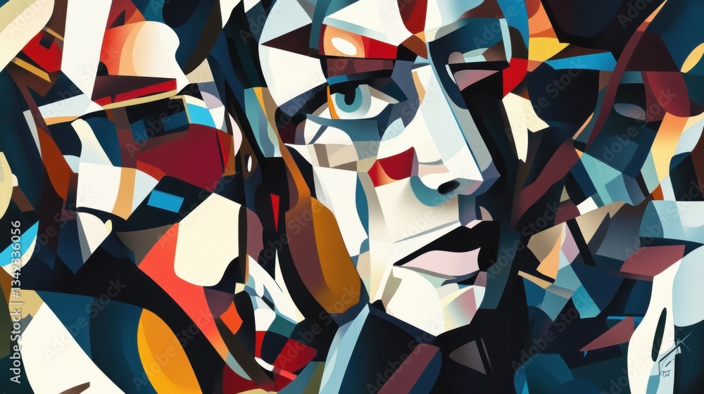 Poster abstract portrait of a person with vibrant colors and geometric shapes, showcasing emotion and creat