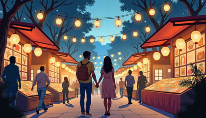 Couple walking hand in hand on a romantic night market date under warm lights