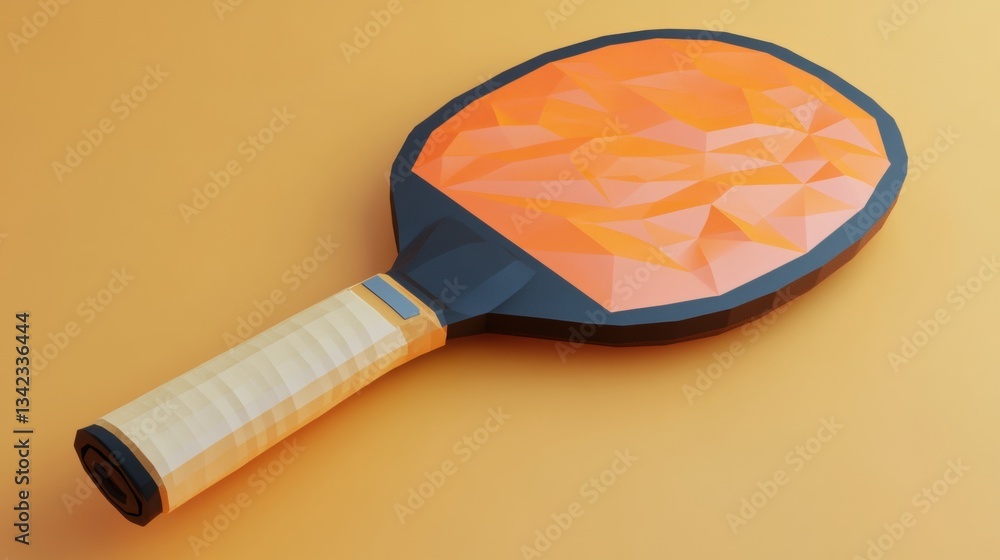 Poster geometric low poly paddle with vibrant orange surface and textured wooden handle on smooth backgroun