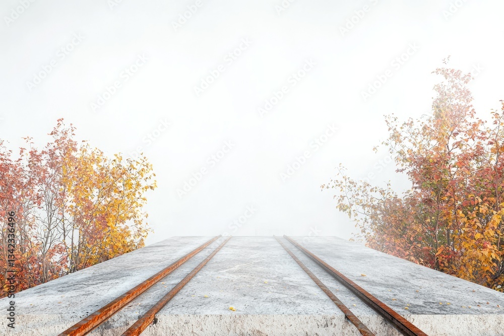 Poster a misty autumn scene with a concrete platform and rusty rails, framed by colorful foliage.