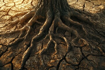 A tree's extensive root system grips dry, cracked earth, showcasing resilience and nature's tenacity.