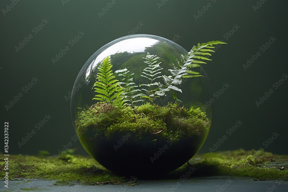 Poster elegant glass globe featuring vibrant ferns growing in soft moss for a calming decor : generative ai