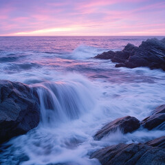 Obraz premium Ocean waves crashing against rocks under a pink and purple sky at sunset creating a serene landscape