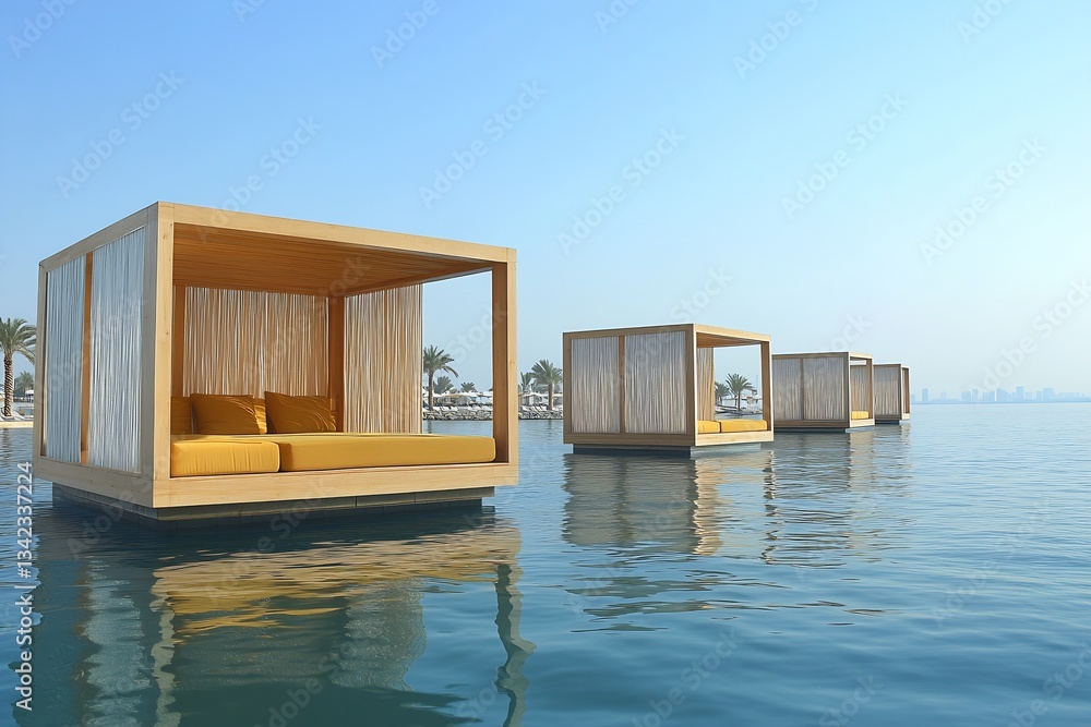 Poster elegant floating cabanas on tranquil waters showcasing modern design and relaxation space : generati