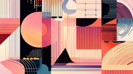 Abstract geometric shapes with bold colors and patterns in a modern art style for creative visual compositions and design backgrounds