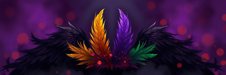 Feathers on a purple background, suitable for design with copy space, Mardi Gras celebration