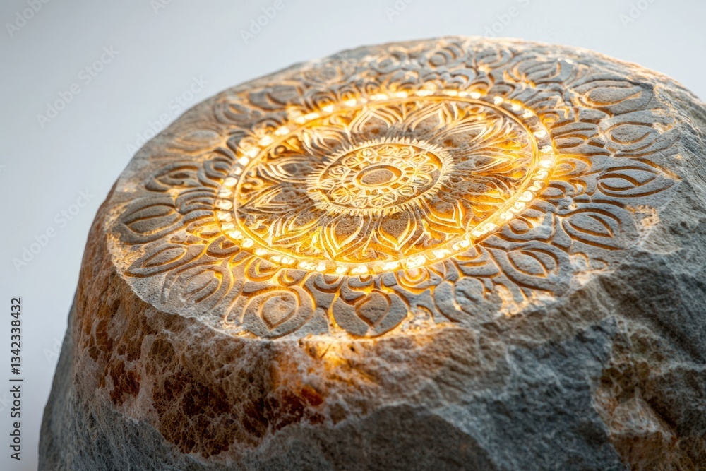 Poster illuminated stone with carved mandala design, creating a serene and calming atmosphere.