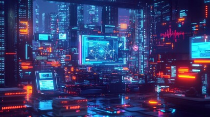 Futuristic Cityscape Under Night Sky Glowing Neon Lights and Digital Displays. Architectural Renderings. Vibrant Colors. Futuristic Metropolis. Abstract Cityscapes. Immersive Visualization. Dynamic