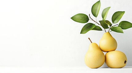 Fresh Yellow Pears with Green Leaves