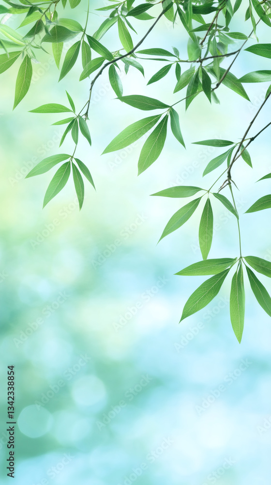 Aufkleber green leafy branches draping over soft-focus natural backdrop, producing tranquil, luminous botanica