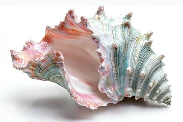 A large, vibrant Queen Conch shell with pink and green hues, showcasing intricate patterns and textures.