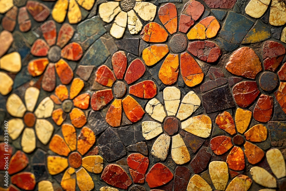 Poster a mosaic artwork featuring a close-up of numerous multicolored flower patterns.