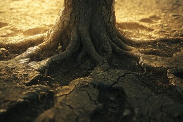 Obraz premium Ancient tree roots exposed, revealing the earth's cracked surface in golden sunlight.