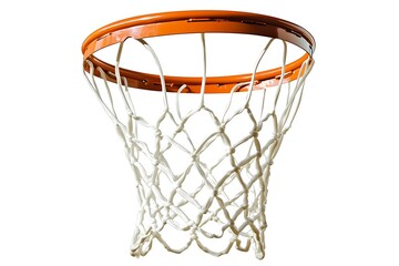 The thrill of the game hangs in the balance, a basketball net awaits the final shot, its orange rim and crisp white netting a testament to the sport's energy against a pure white background.