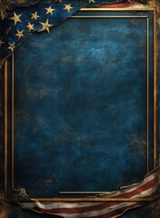 Textured dark blue background with gold American flag design, vintage frame, distressed effect, patriotic theme, empty space