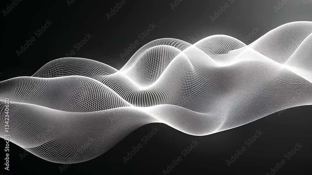 Poster abstract representation of flowing waves in a dark background, showcasing smooth curves and light